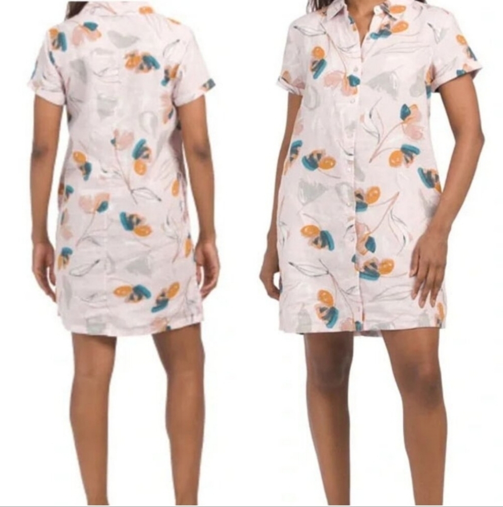 Rachel Zoe 100% Linen Floral Shirt Dress Size Meduim